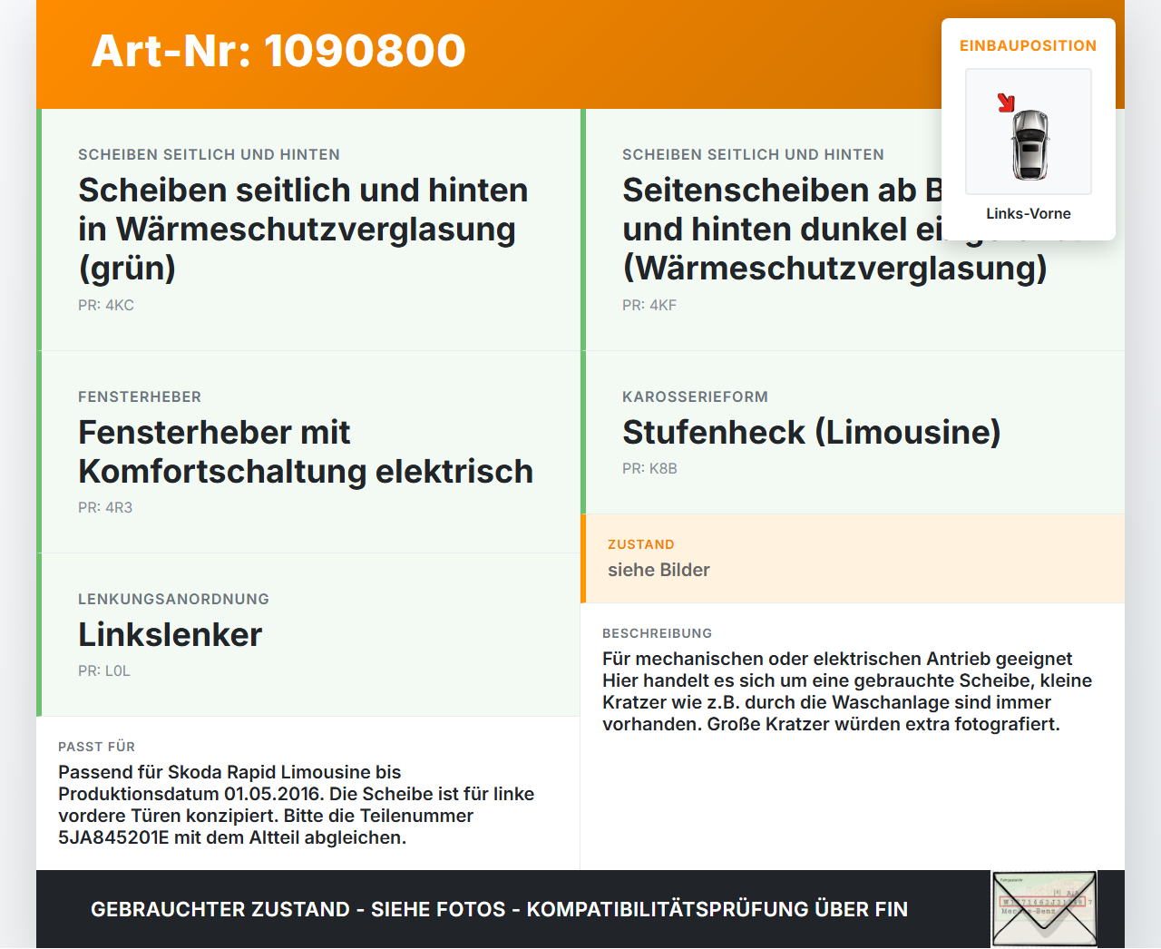 Skoda Rapid NH 12-17 Lim Seitenscheibe LVK Fenster Türscheibe Links Vorne Skoda Rapid NH 12-17 19.12.2013... Vorschau 3