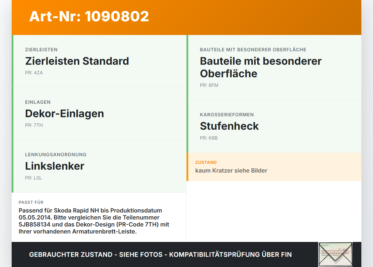 Skoda Rapid NH 12-17 Blende Leiste für Armaturenbrett Abdeckung Skoda Rapid NH 12-17 19.12.2013 5JB858134 gebraucht Vorschau 3