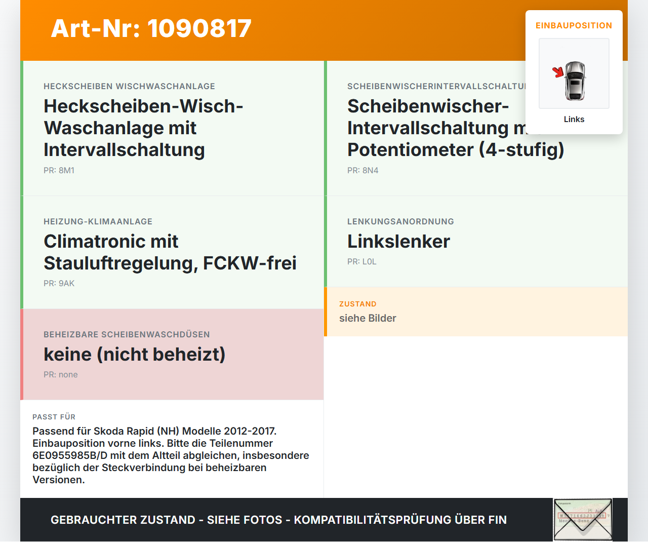 Skoda Rapid NH 12-17 Waschdüse für Windschutzscheibe WS Links Skoda Rapid NH 12-17 19.12.2013 6E0955985B gebraucht Vorschau 3