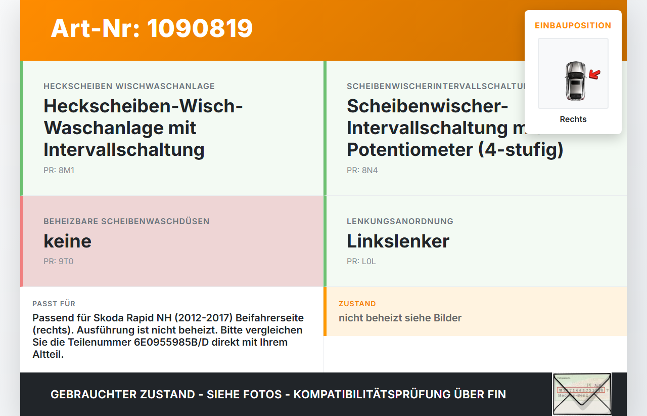 Skoda Rapid NH 12-17 Waschdüse für Windschutzscheibe WS Rechts Skoda Rapid NH 12-17 19.12.2013 6E0955985B gebraucht Vorschau 3
