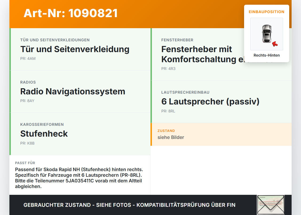 Skoda Rapid NH 12-17 Lautsprecher Türlautsprecher Hinten Rechts Skoda Rapid NH 12-17 19.12.2013 5JA035411C gebraucht Vorschau 3