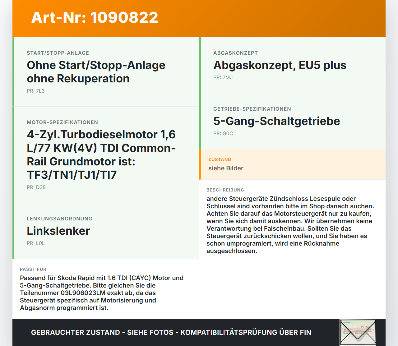 Skoda Rapid NH 12-17 TDI 1,6 77KW Steuergerät ECU für Motor Motorsteuergerät Skoda Rapid NH 12-17 19.12.2013... Vorschau 3