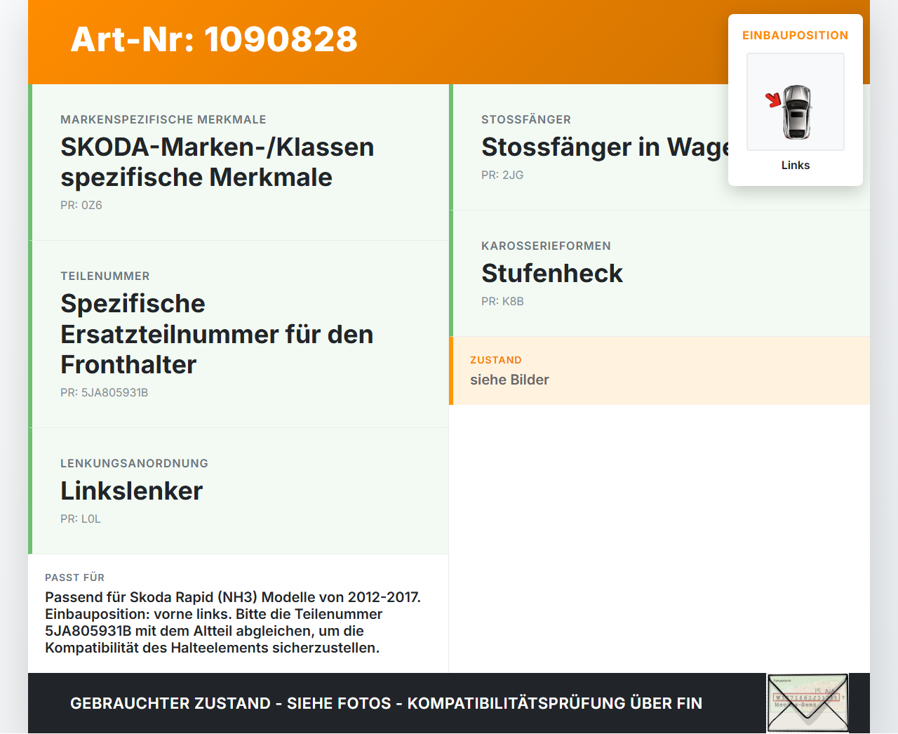 Skoda Rapid NH 12-17 Fronthalter Träger Verbinder Links Skoda Rapid NH 12-17 19.12.2013 5JA805931B gebraucht Vorschau 3