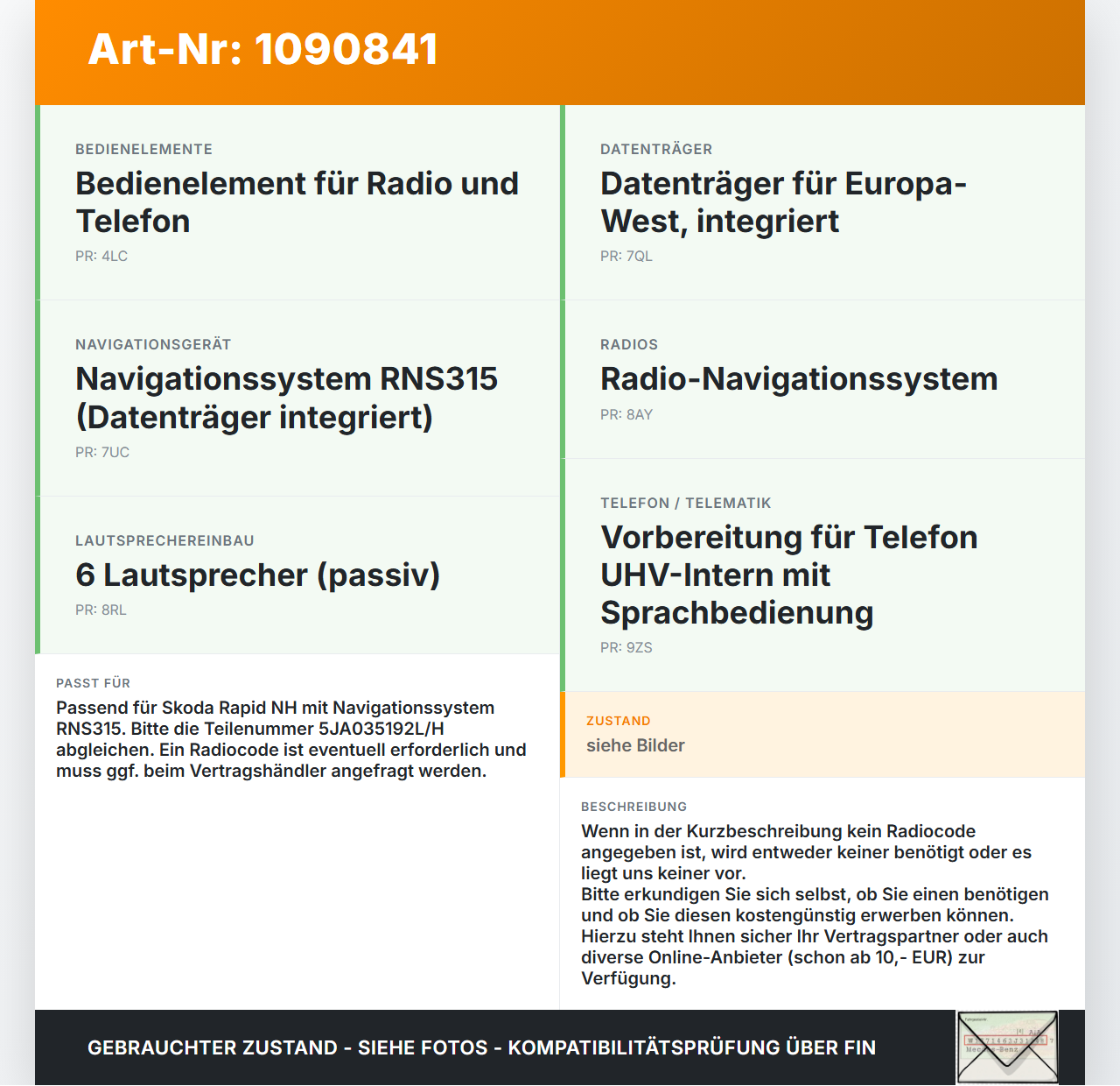 Skoda Rapid NH 12-17 Autoradio SK RNS315 Skoda Rapid NH 12-17 19.12.2013 5JA035192L 5JA035192H SKZAZ2N0462501 gebraucht Vorschau 3