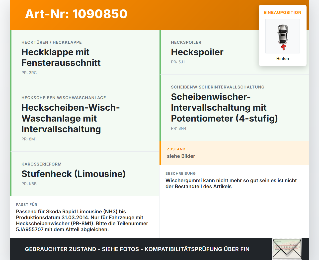 Skoda Rapid NH 12-17 Lim Heckwischer Scheibenwischer Hinten Wischarm Skoda Rapid NH 12-17 19.12.2013 5JA955707 gebraucht Vorschau 3