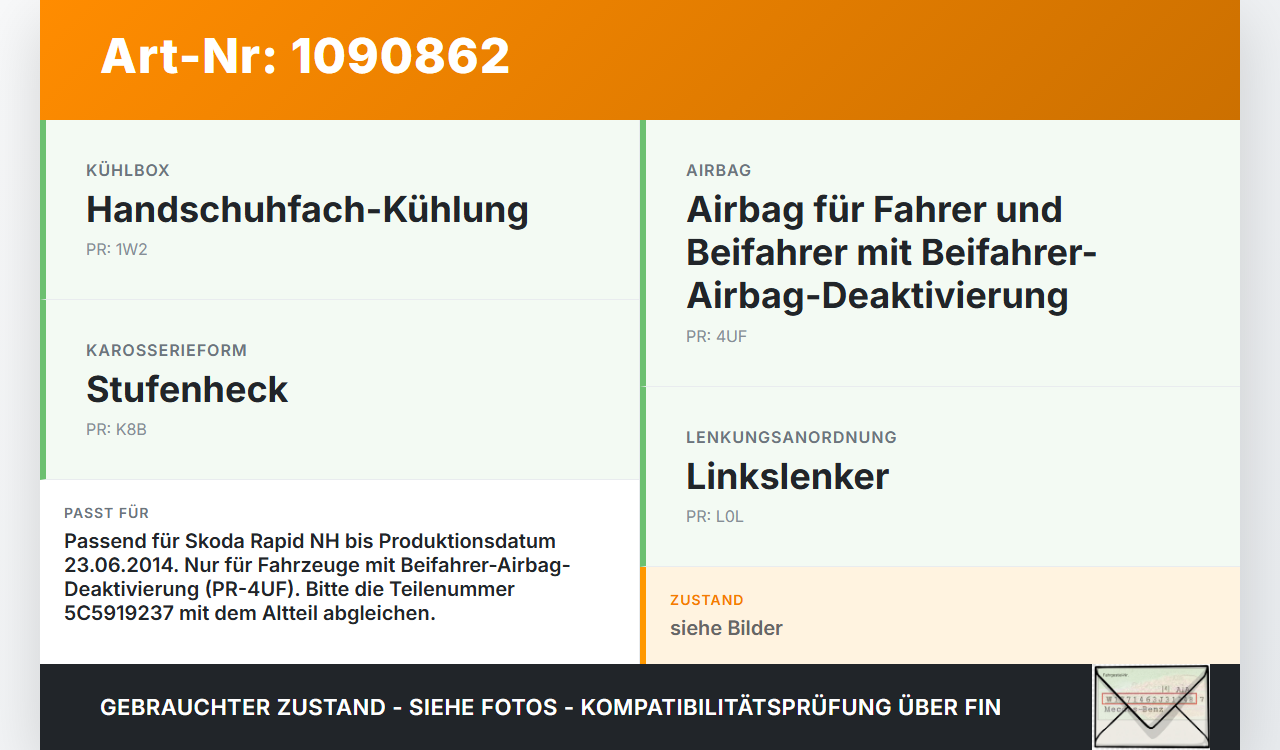 Skoda Rapid NH 12-17 Schalter Beifahrer 
Airbag On Off Skoda Rapid NH 12-17 19.12.2013 5C5919237 gebraucht Vorschau 3