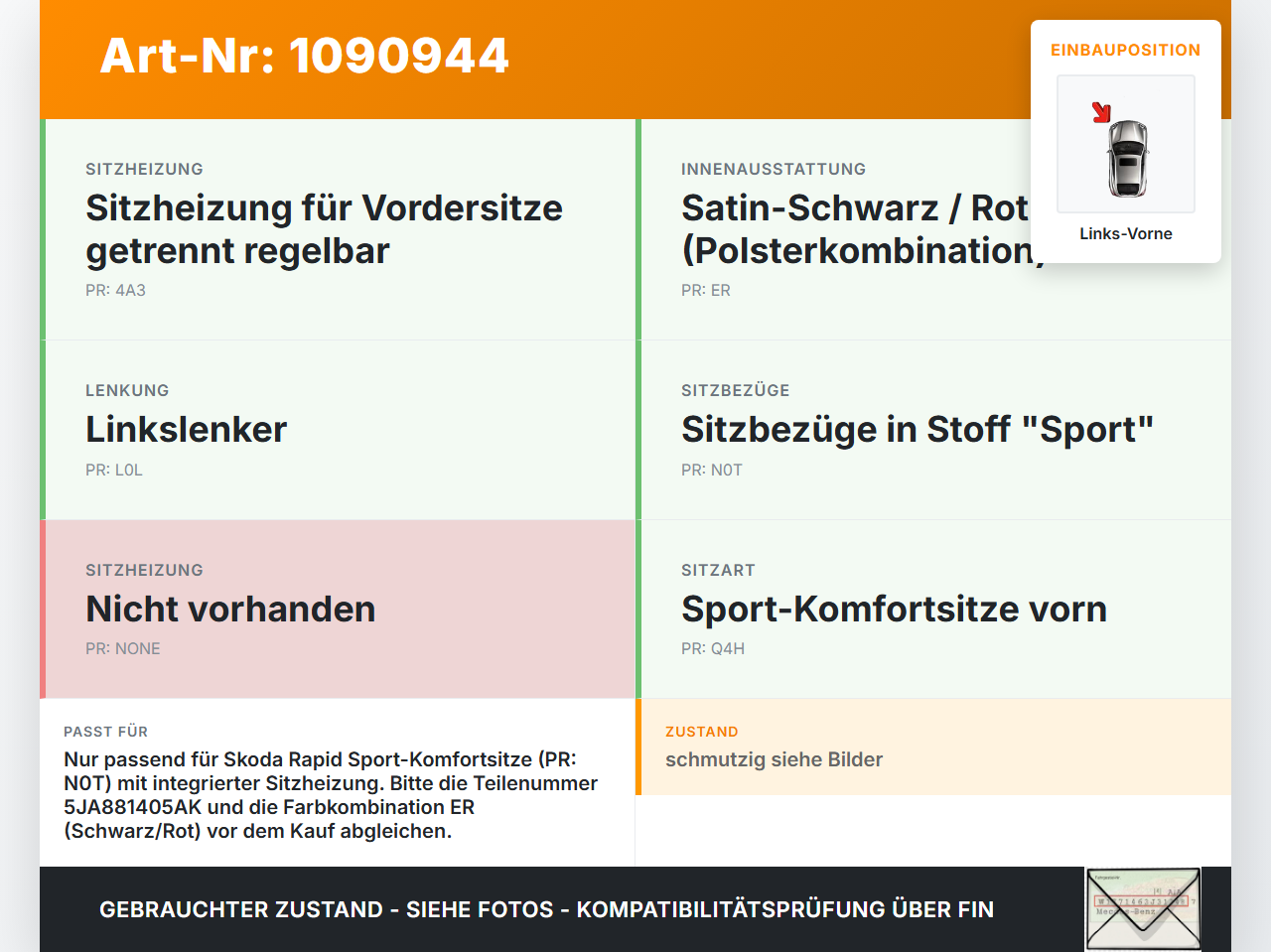 Skoda Rapid NH 12-17 Lim Sitzbezug Sitzpolster für Fahrersitz Sitz Links Vorne beheizt Skoda Rapid NH 12-17... Vorschau 3