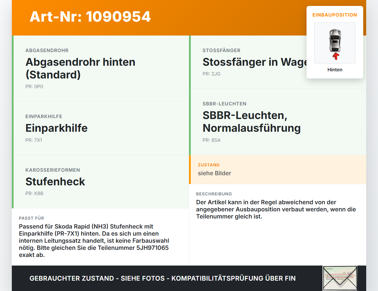 Skoda Rapid NH 12-17 PDC Kabelbaum Pos.1 Hinten Skoda Rapid NH 12-17 19.12.2013 5JH971065 gebraucht Vorschau 3