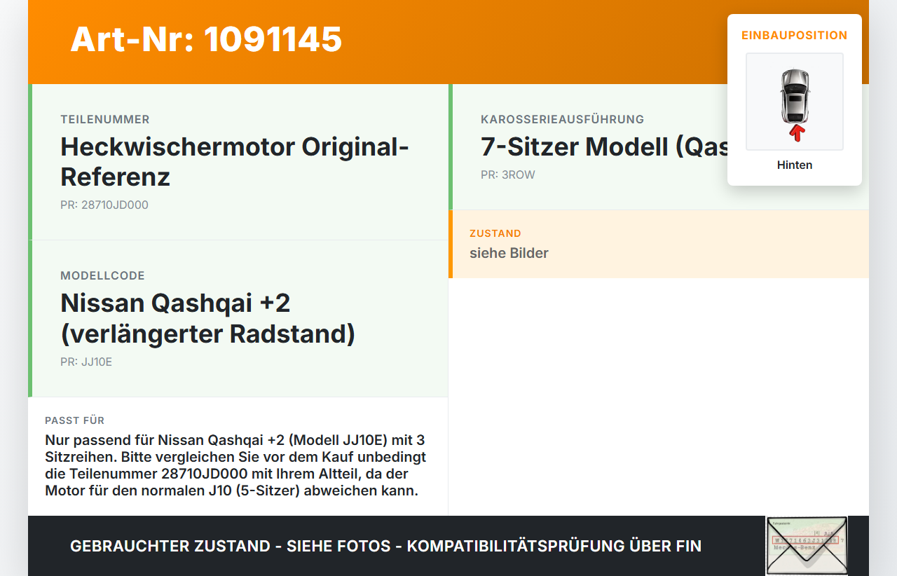 Nissan Qashqai +2 J10 10-13 Wischermotor Hinten Heckwischermotor Nissan Qashqai +2 J10 10-13 15.01.2013 28710JD000... Vorschau 3