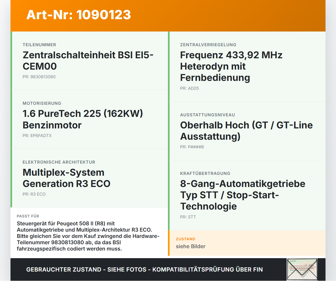 Peugeot 508 II 18-23 1,6 165KW Sicherungskasten Zentralelektrik BSI EI5-CEM00 Steuergerät Peugeot 508 II 18-23... Vorschau 3