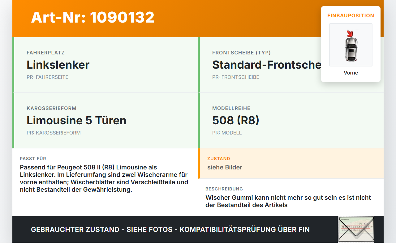 Peugeot 508 II 18-23 2x Scheibenwischer Wischarm Vorne Peugeot 508 II 18-23 16.07.2019 9823606980 gebraucht Vorschau 3