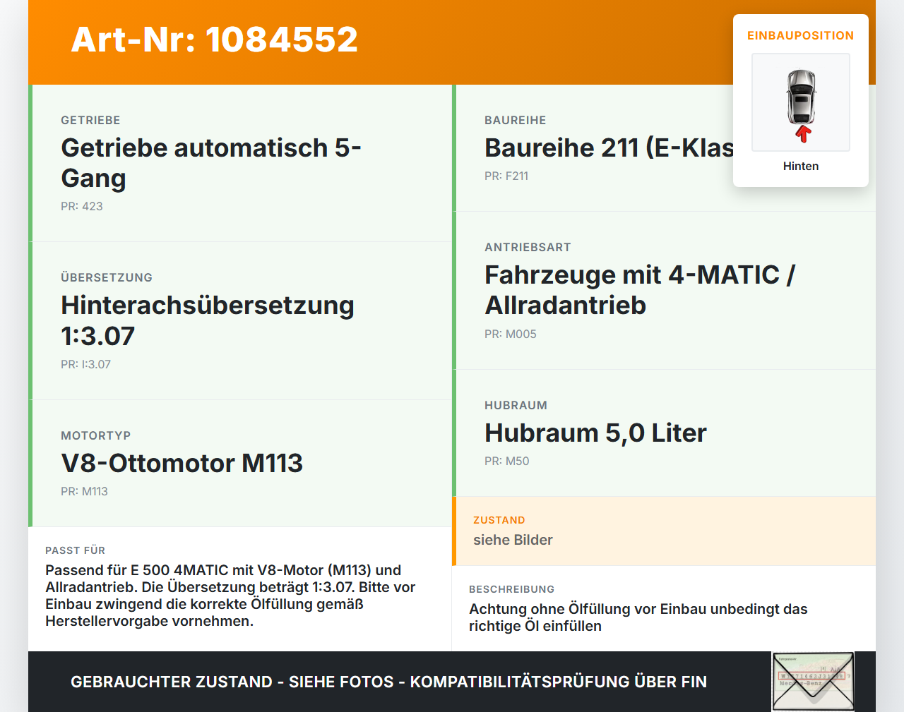 Mercedes S211 E500 02-06 5,0 225KW 4WD Differential Hinterachsgetriebe Hinterachse Achsgetriebe Hinten Mercedes... Vorschau 3