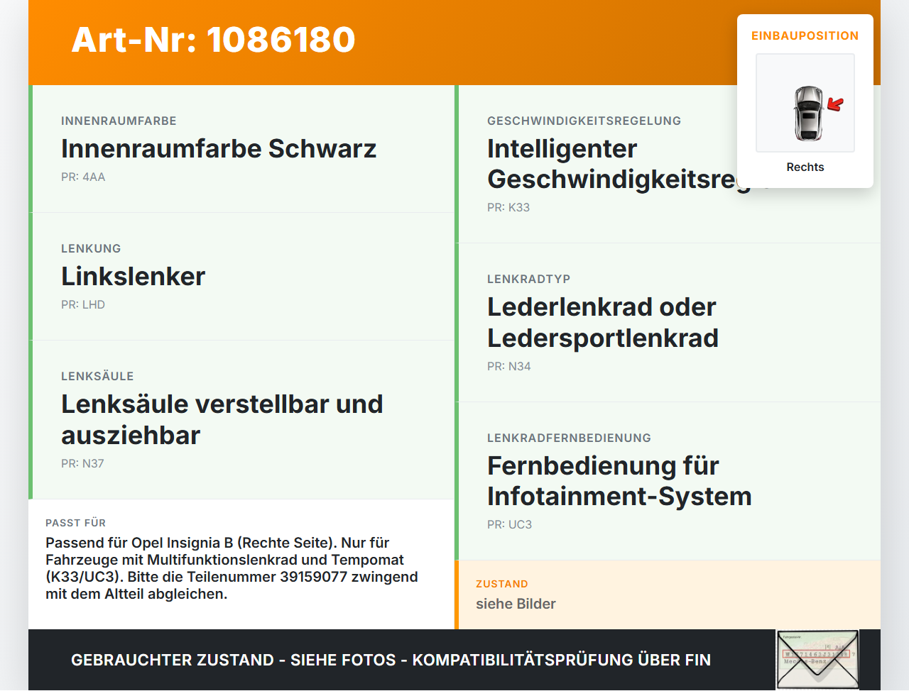 Opel Insignia B Z18 17-20 Lenkradschalter Multifunktionstasten Schalter für Lenkrad Rechts Opel Insignia B Z18... Vorschau 3