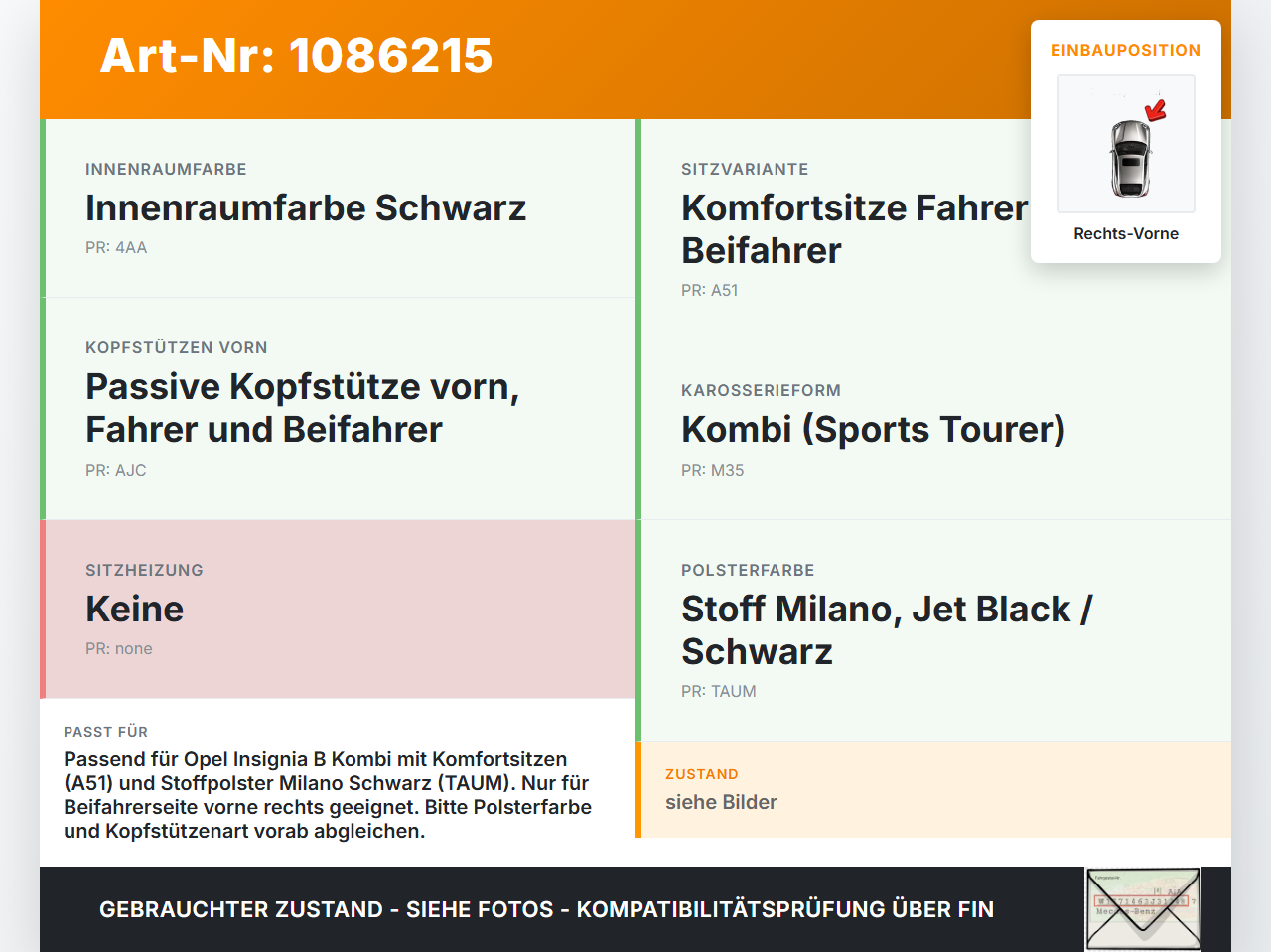 Opel Insignia B Z18 17-20 Kombi Kopfstütze Nackenstütze Sitz Kopflehne Rechts Vorne Opel Insignia B Z18 17-20... Vorschau 3