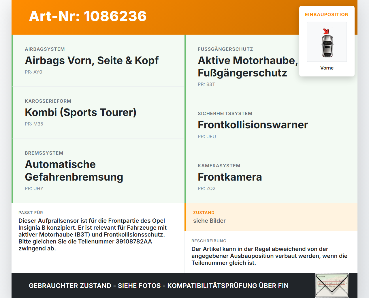 Opel Insignia B Z18 17-20 Sensor für Airbag Crashsensor Airbagsensor Vorne Opel Insignia B Z18 17-20 28.05.2019... Vorschau 3