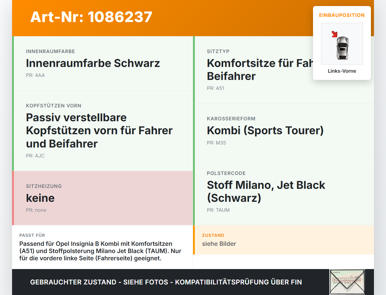 Opel Insignia B Z18 17-20 Kombi Kopfstütze Kopfpolster Stoff Schwarz Links Vorne Opel Insignia B Z18 17-20... Vorschau 3