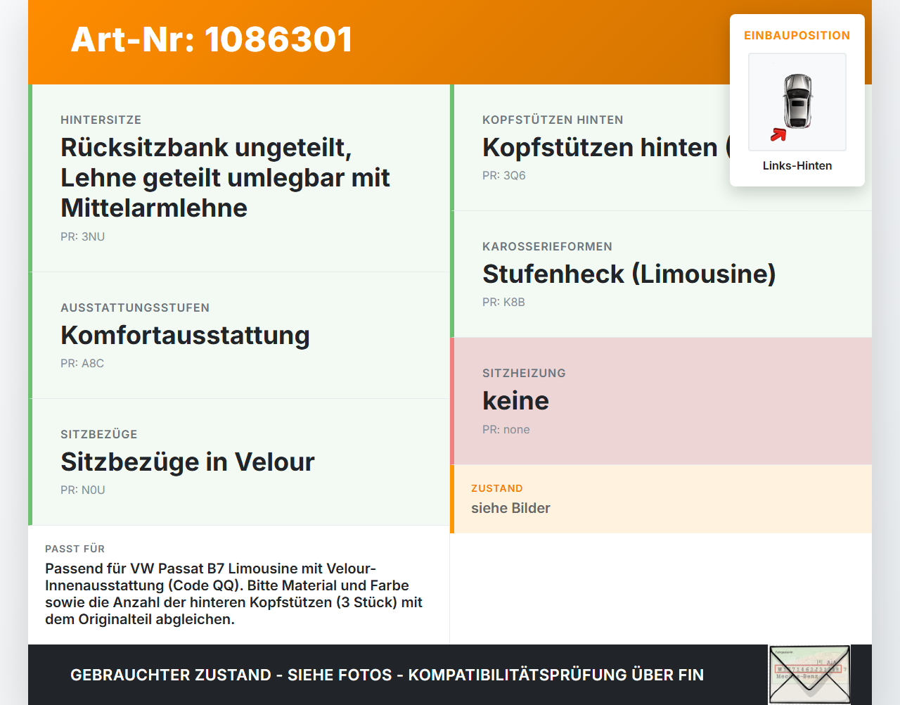 VW Passat 3C B7 10-14 Kopfstütze Nackenstütze Stoff Schwarz Links Hinten VW Passat 3C B7 10-14 02.01.2014 gebraucht Vorschau 3