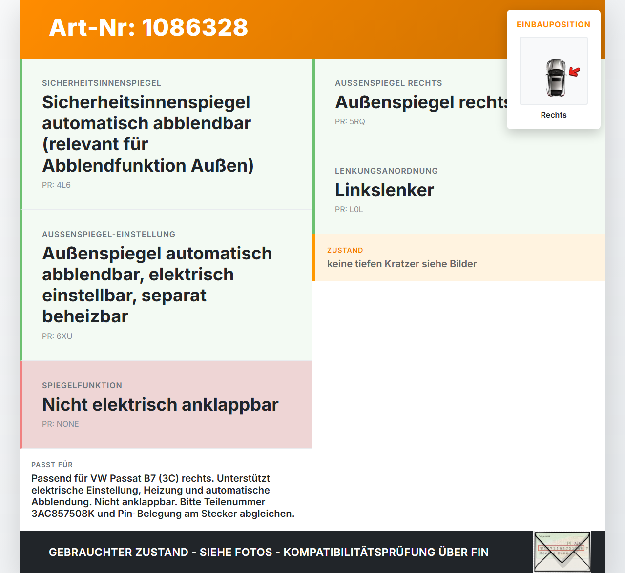 VW Passat 3C B7 10-14 Spiegel Aussenspiegel Rechts LC9X VW Passat 3C B7 10-14 02.01.2014 3C0857934A gebraucht Vorschau 3