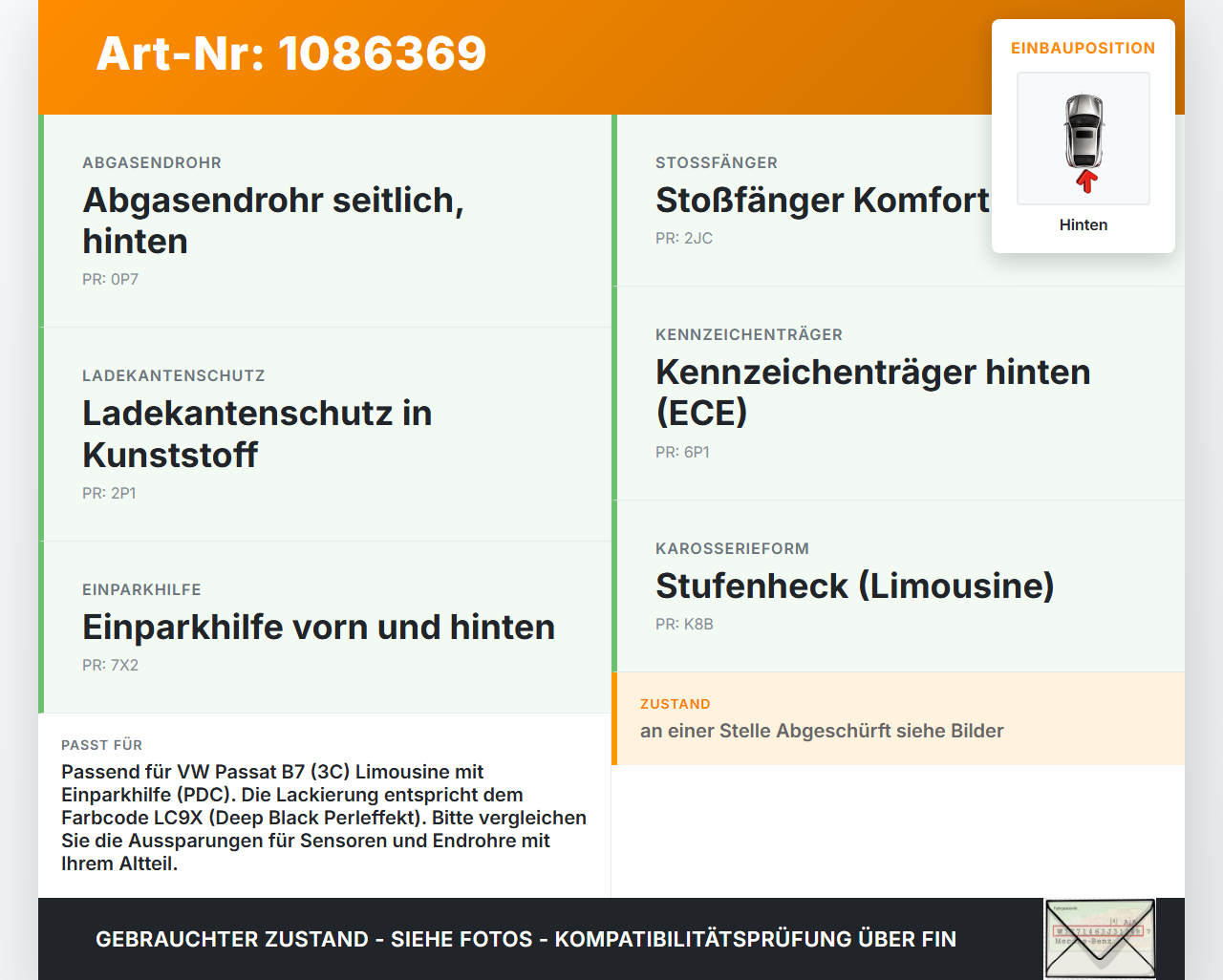 VW Passat 3C B7 10-14 Lim Stoßstange Stoßfänger Heckstosstange Hinten LC9X VW Passat 3C B7 10-14 02.01.2014 gebraucht Vorschau 3