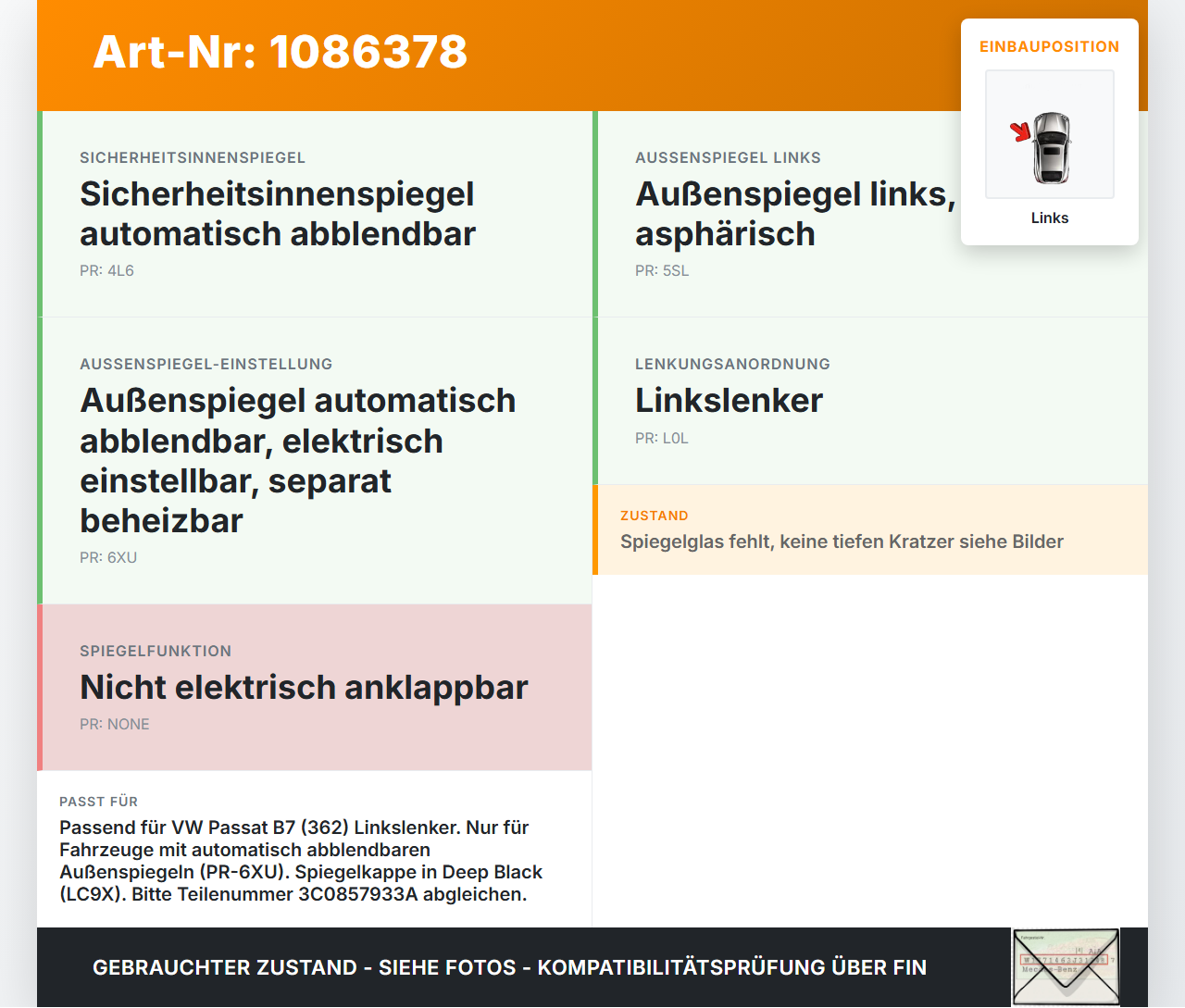 VW Passat 3C B7 10-14 Spiegel Aussenspiegel Links Elektrochrom LC9X VW Passat 3C B7 10-14 02.01.2014 3C0857933A... Vorschau 3