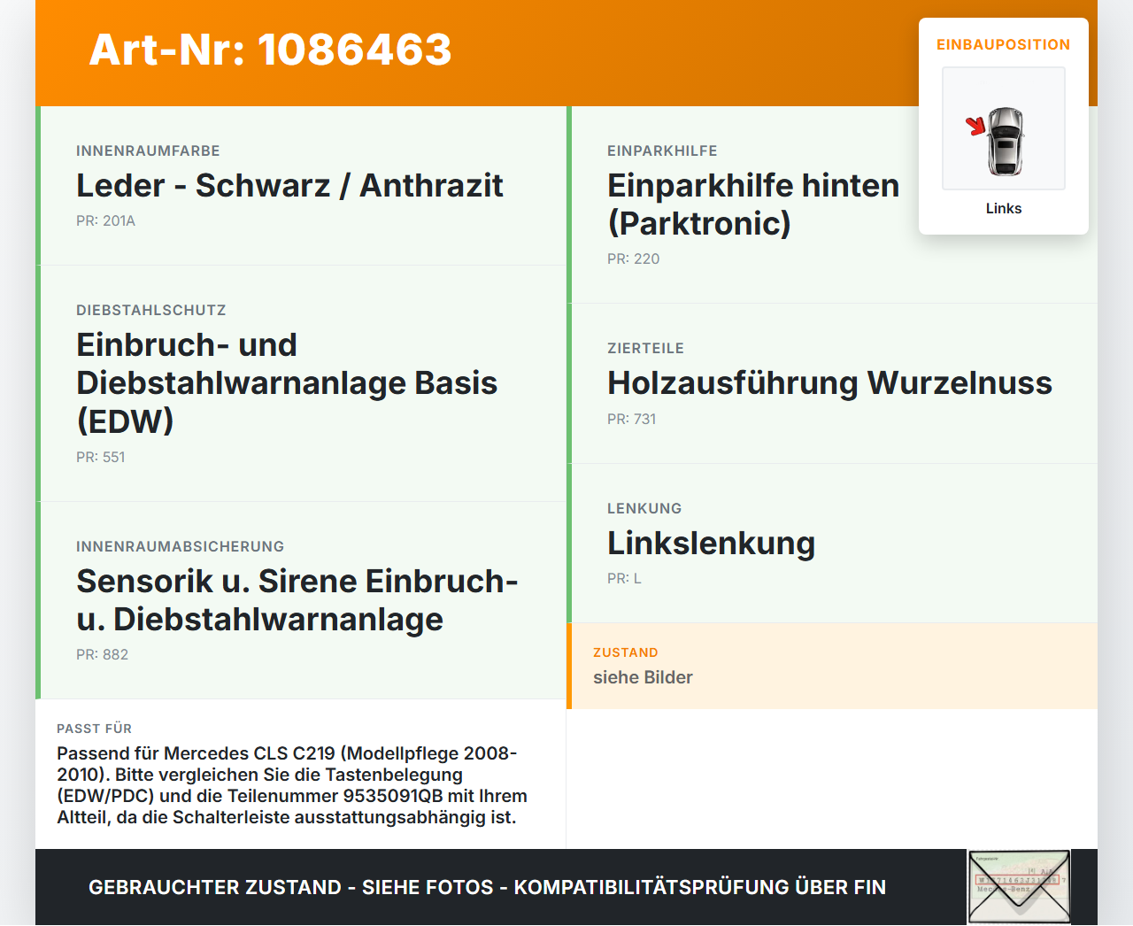 Mercedes C219 CLS 350 08-10 Warnblinkschalter Schalter Mercedes C219 CLS 350 08-10 07.12.2010 9535091QB gebraucht Vorschau 3