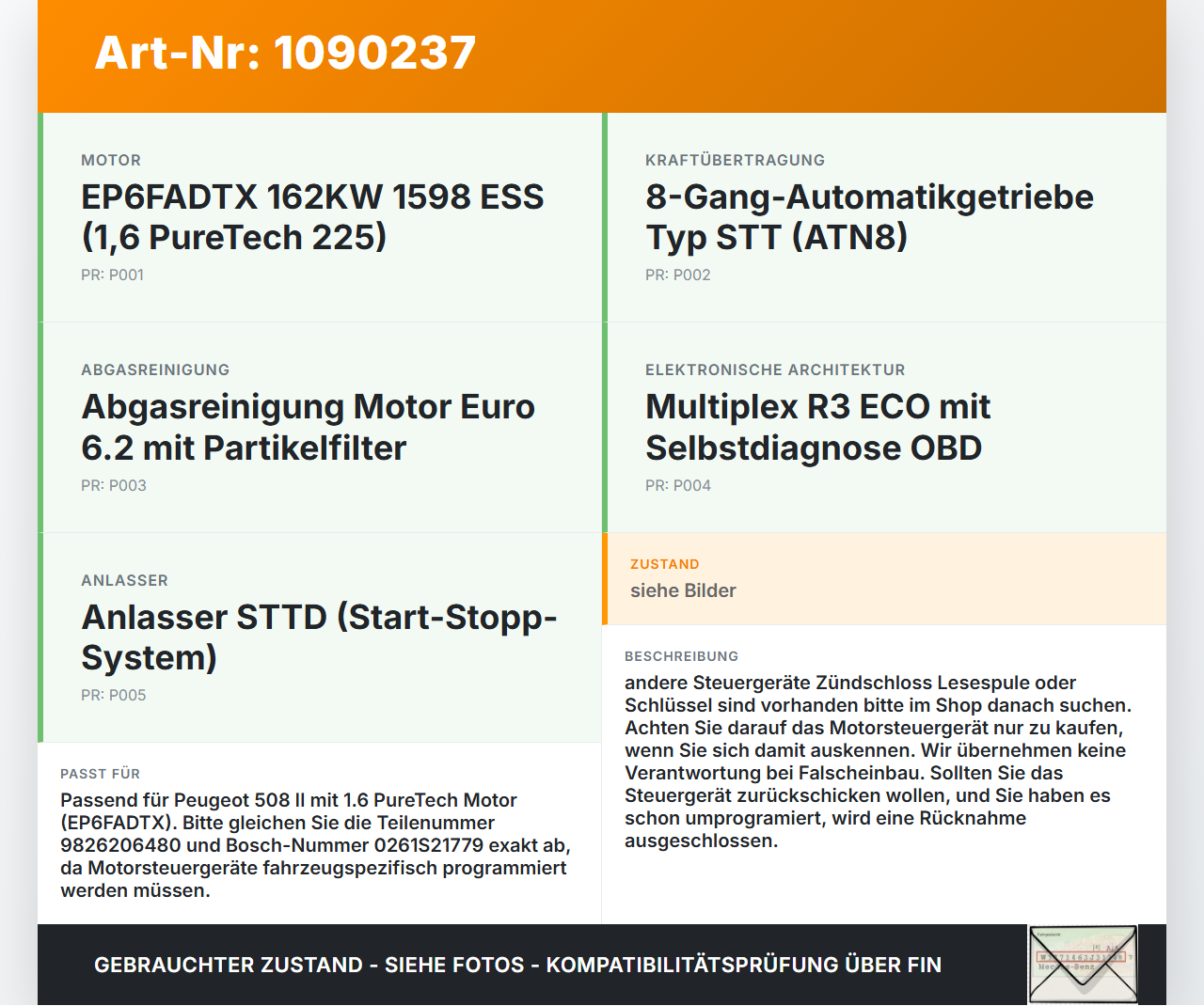 Peugeot 508 II 18-23 1,6 165KW Steuergerät ECU für Motor Motorsteuergerät Peugeot 508 II 18-23 16.07.2019... Vorschau 3