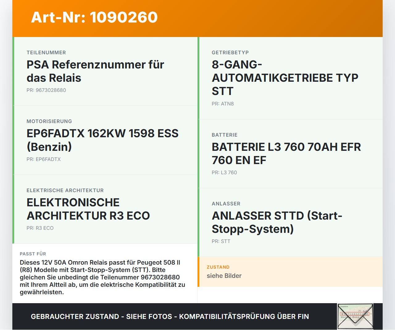Peugeot 508 II 18-23 Relais Omron 12V 50A Peugeot 508 II 18-23 16.07.2019 9673028680 17325003001 gebraucht Vorschau 3