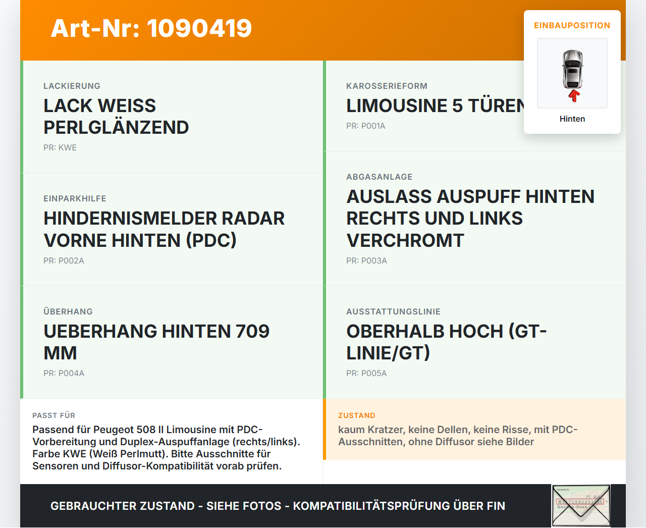 Peugeot 508 II 18-23 Lim Stoßstange Stoßfänger Heckstosstange Hinten KWE Peugeot 508 II 18-23 16.07.2019 1637752480... Vorschau 3