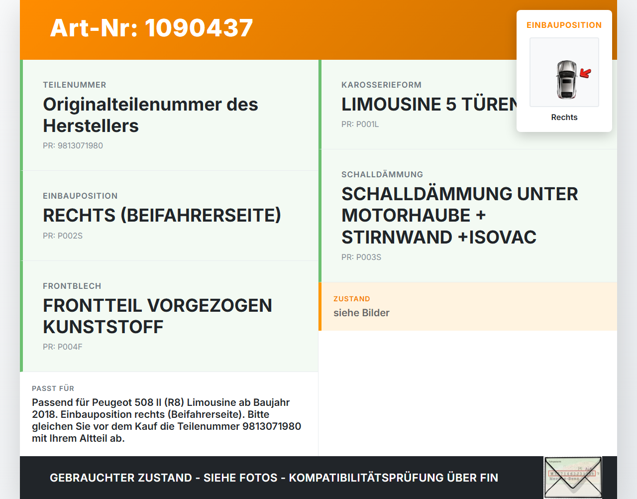 Peugeot 508 II 18-23 Lim Scharnier für Motorhaube Motorhaubenscharnier Rechts Peugeot 508 II 18-23 16.07.2019... Vorschau 3