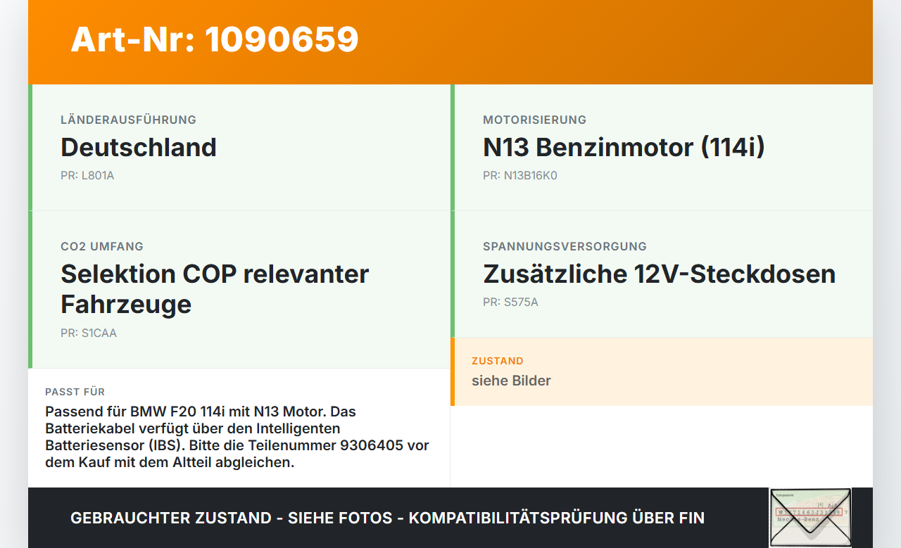 BMW 114i F20 11-15 5T Kabelbaum f. Batterie minus IBS BMW 114i F20 11-15 11.03.2013 9117877 61219117877 9306405... Vorschau 3
