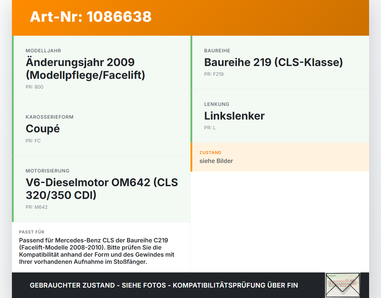 Mercedes C219 CLS 350 08-10 Abschleppöse Abschlepphaken Mercedes C219 CLS 350 08-10 07.12.2010 gebraucht Vorschau 3
