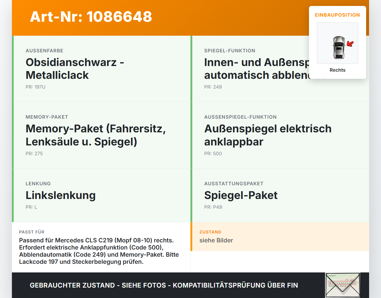 Mercedes C219 CLS 350 08-10 Spiegel Aussenspiegel Rechts Elektr. Klappbar 197 Mercedes C219 CLS 350 08-10... Vorschau 3