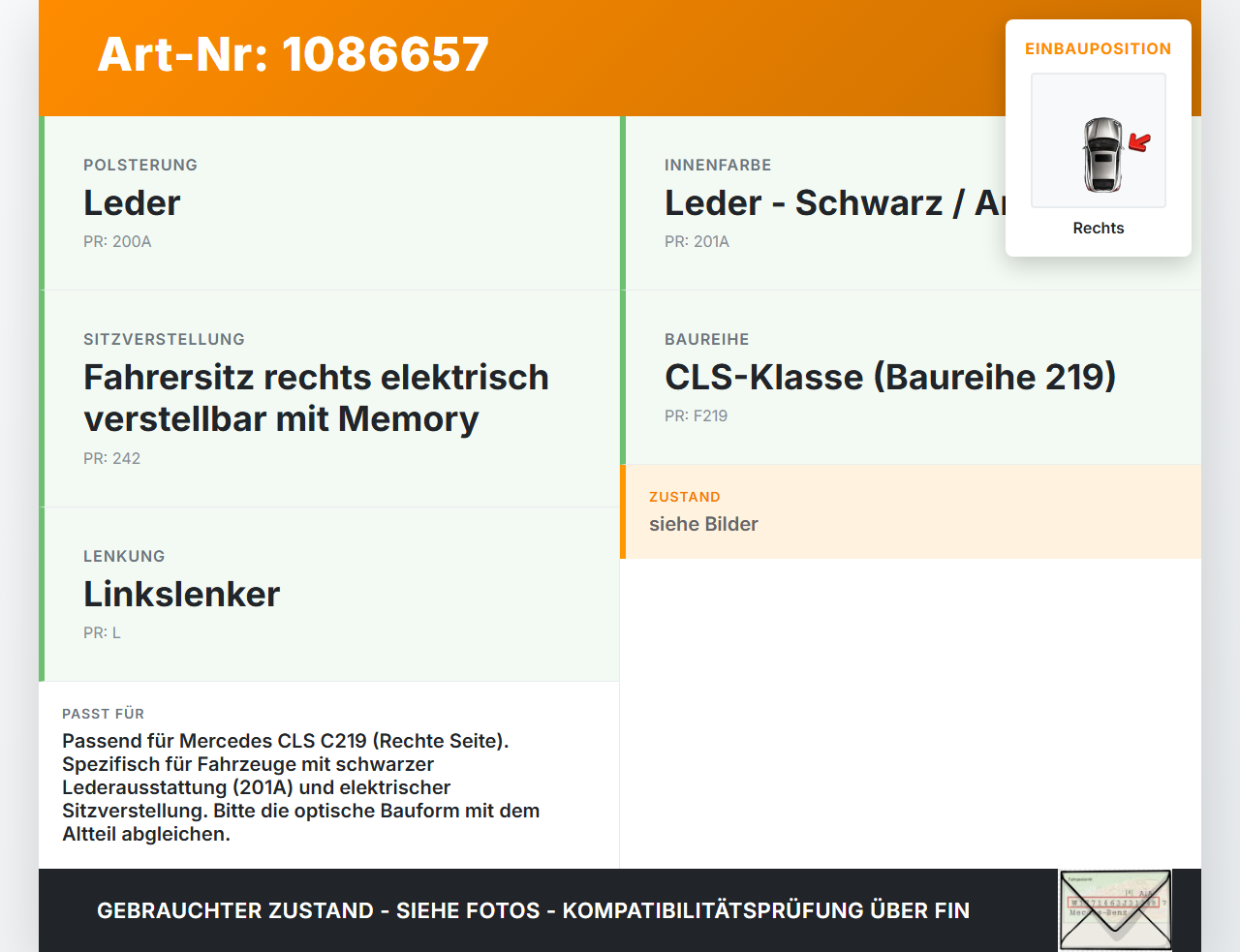 Mercedes C219 CLS 350 08-10 Blende Seitenblende Abdeckung Rechts Mercedes C219 CLS 350 08-10 07.12.2010 gebraucht Vorschau 3