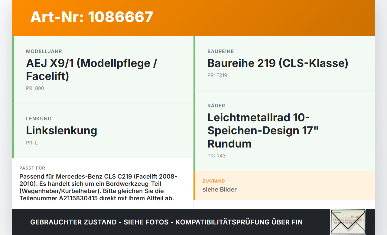 Mercedes C219 CLS 350 08-10 Original Wagenheber Mercedes C219 CLS 350 08-10 07.12.2010 A2115830415 gebraucht Vorschau 3