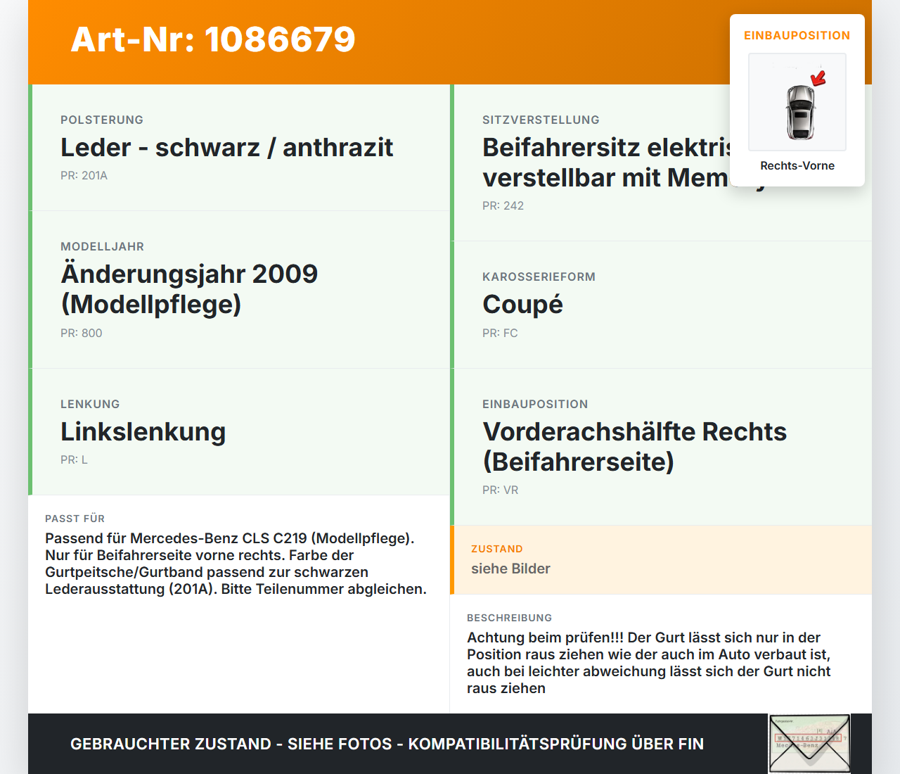 Mercedes C219 CLS 350 08-10 Coupe Gurt Sicherheitsgurt Gurtstraffer Beifahrer Rechts Vorne Mercedes C219 CLS 350... Vorschau 3