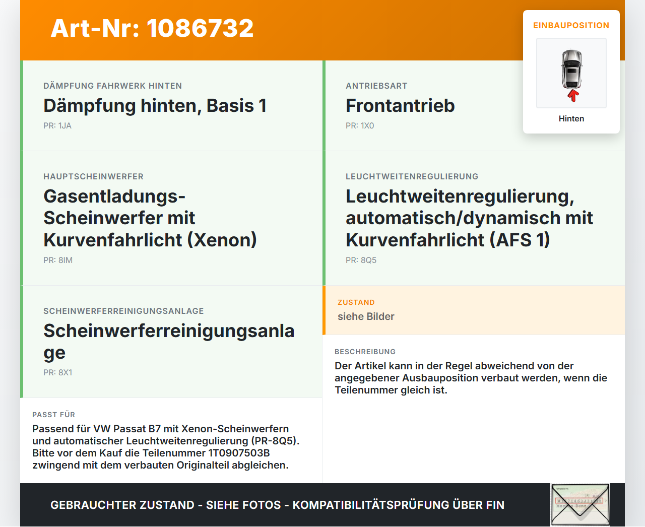 VW Passat 3C B7 10-14 Xenon LWR Sensor Niveausensor Neigung Hinten VW Passat 3C B7 10-14 02.01.2014 1T0907503B gebraucht Vorschau 3