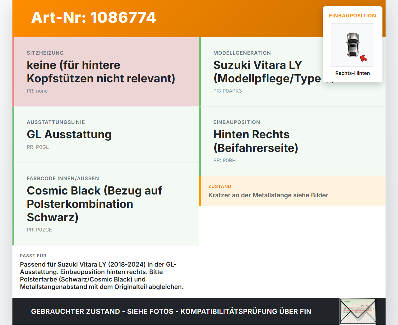 Suzuki Vitara LY 18-24 Kopfstütze Nackenstütze Stoff Schwarz Rechts Hinten Suzuki Vitara LY 18-24 18.07.2019 gebraucht Vorschau 3