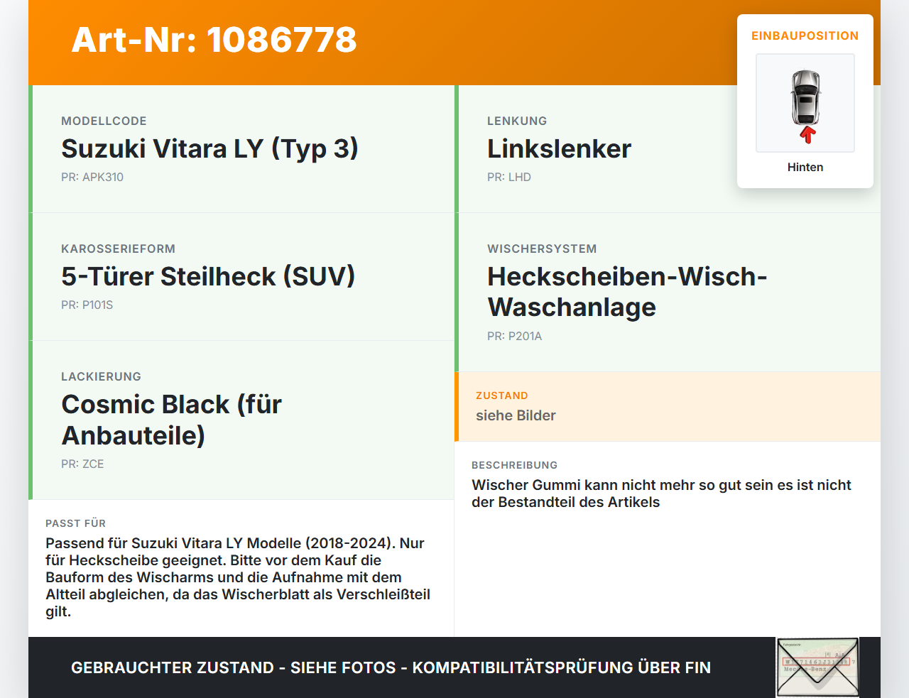Suzuki Vitara LY 18-24 Scheibenwischer Heckwischer Hinten Wischarm Suzuki Vitara LY 18-24 18.07.2019 gebraucht Vorschau 3