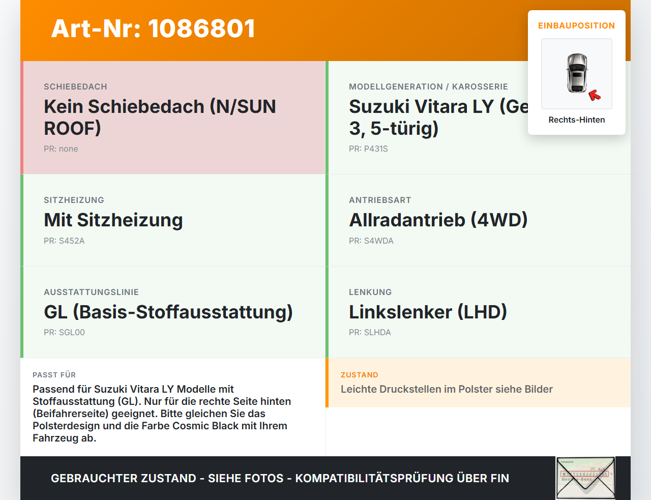 Suzuki Vitara LY 18-24 Rücksitzlehne Sitzbezug Rückenpolster Stoff Rechts Hinten Suzuki Vitara LY 18-24 18.07.2019... Vorschau 3