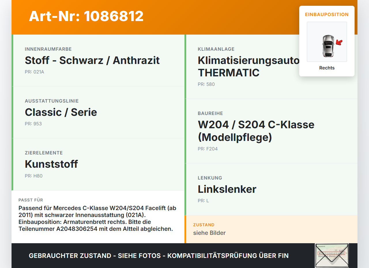 Mercedes S204 W204 11-15 Luftdusche Luftdüse Rechts Mercedes S204 W204 11-15 11.05.2012 A2048306254 gebraucht Vorschau 3