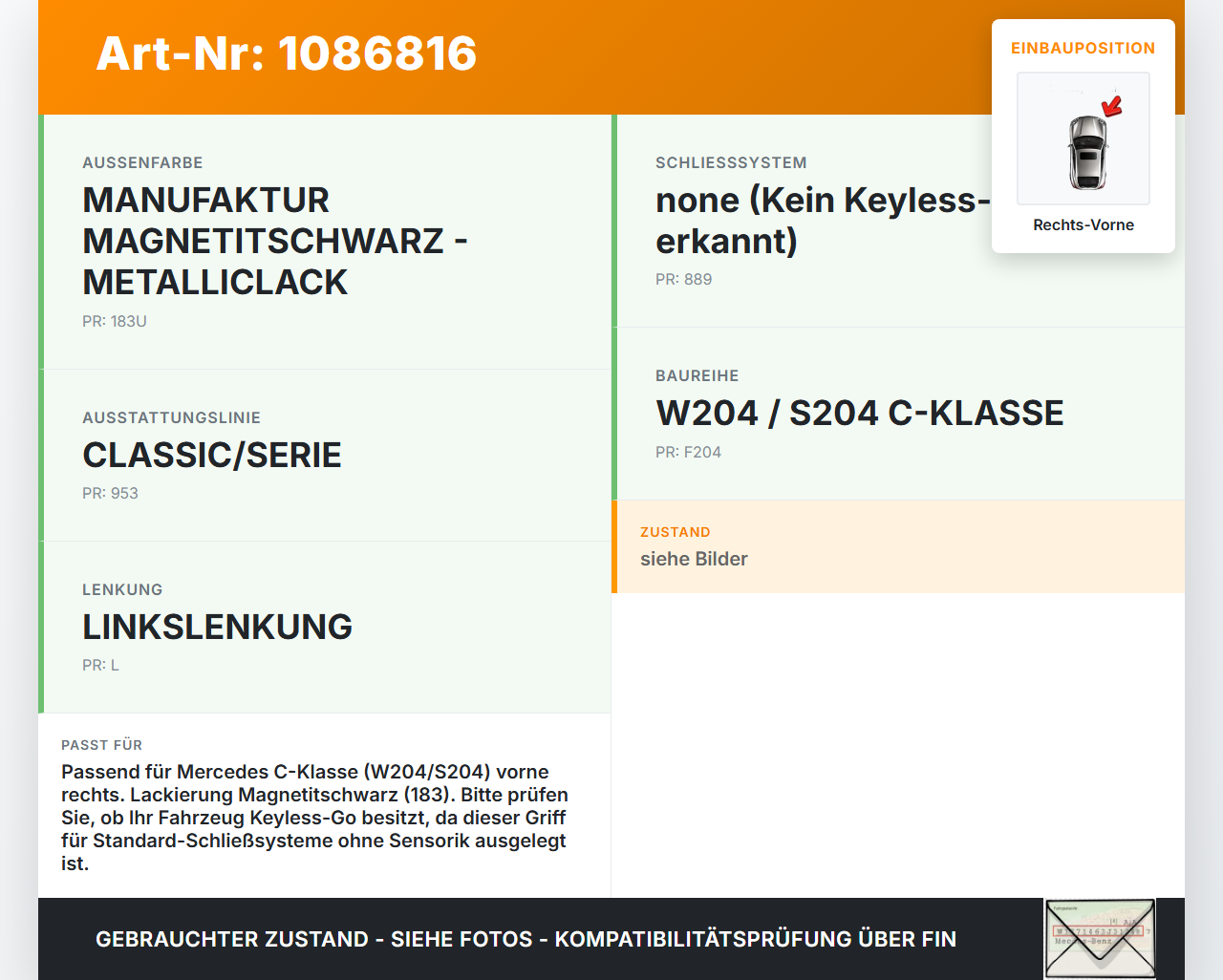 Mercedes S204 W204 11-15  Kombi Türgriff Griff aussen Außentürgriff Lagerbügel Rechts Vorne 183 Mercedes S204 W204... Vorschau 3