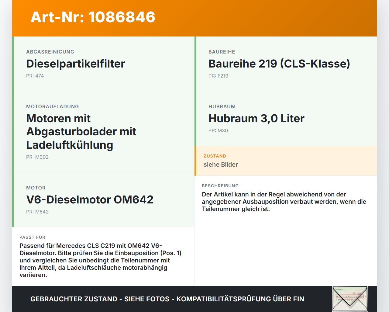 Mercedes C219 CLS 350 08-10 CDI 3,0 165KW Ansaugrohr Ladeluftschlauch Luftschlauch Pos.1 Mercedes C219 CLS 350... Vorschau 3
