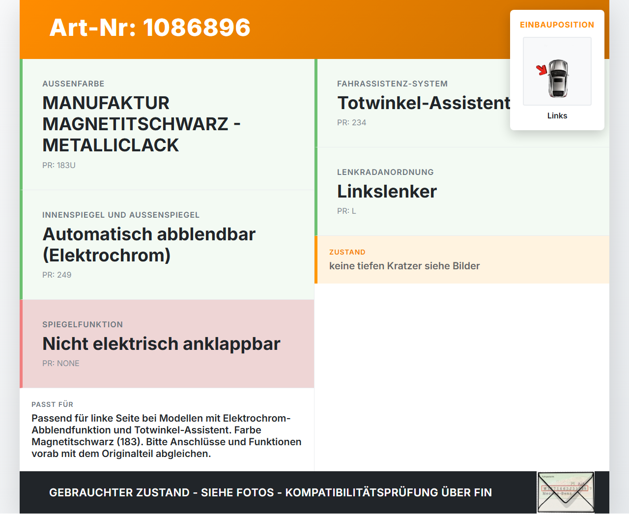 Mercedes S204 W204 11-15 Spiegel Aussenspiegel Links Elektrochrom Totwink. 183 Mercedes S204 W204 11-15 11.05.2012... Vorschau 3