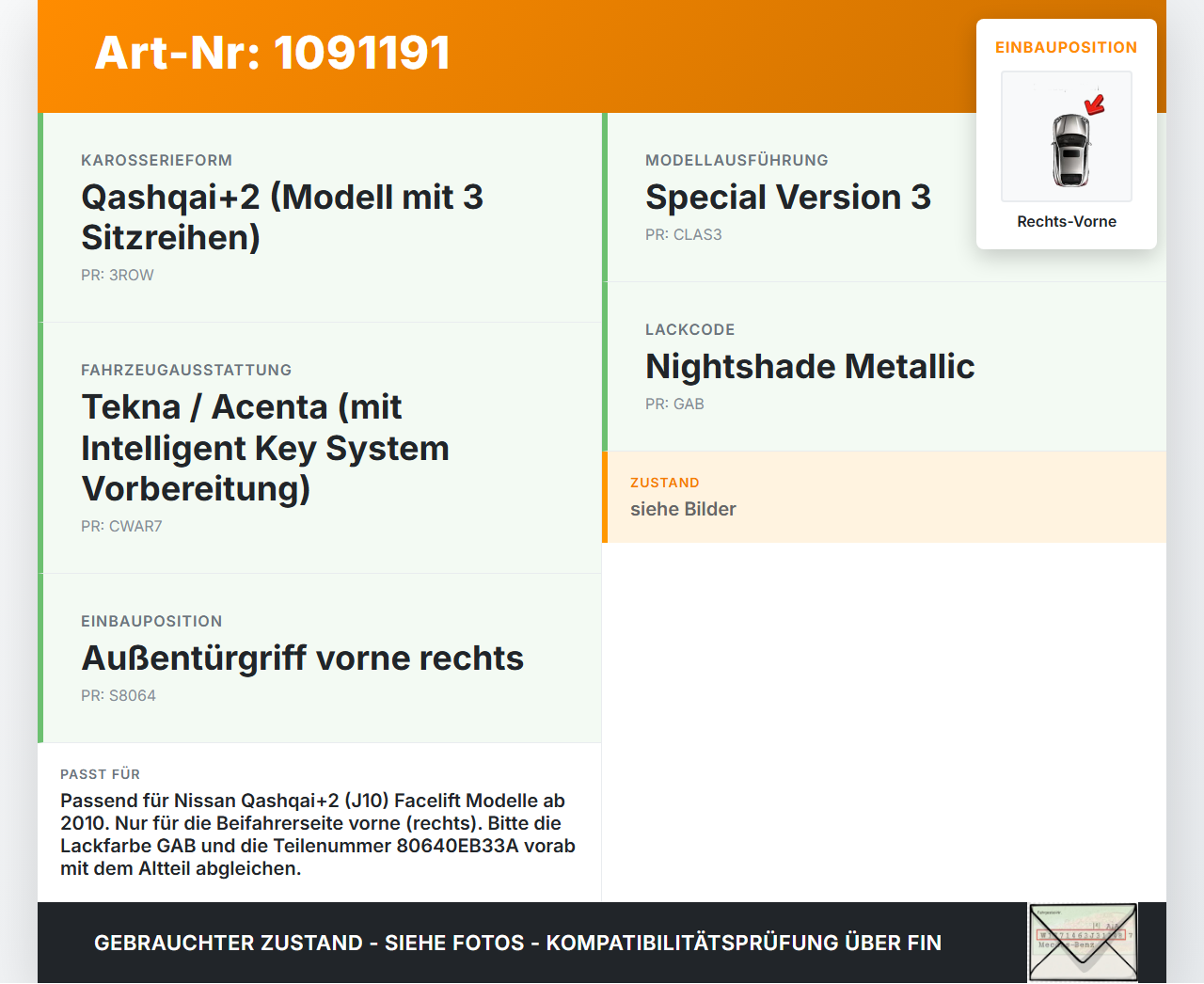 Nissan Qashqai +2 J10 10-13 Türgriff Griff aussen Rechts Vorne GAB Nissan Qashqai +2 J10 10-13 15.01.2013... Vorschau 3