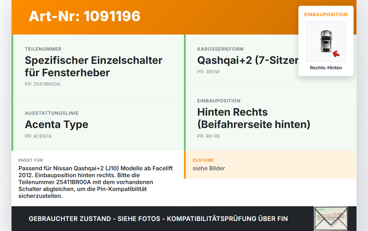 Nissan Qashqai +2 J10 10-13 Fensterheberschalter Schalter Rechts Hinten Nissan Qashqai +2 J10 10-13 15.01.2013... Vorschau 3