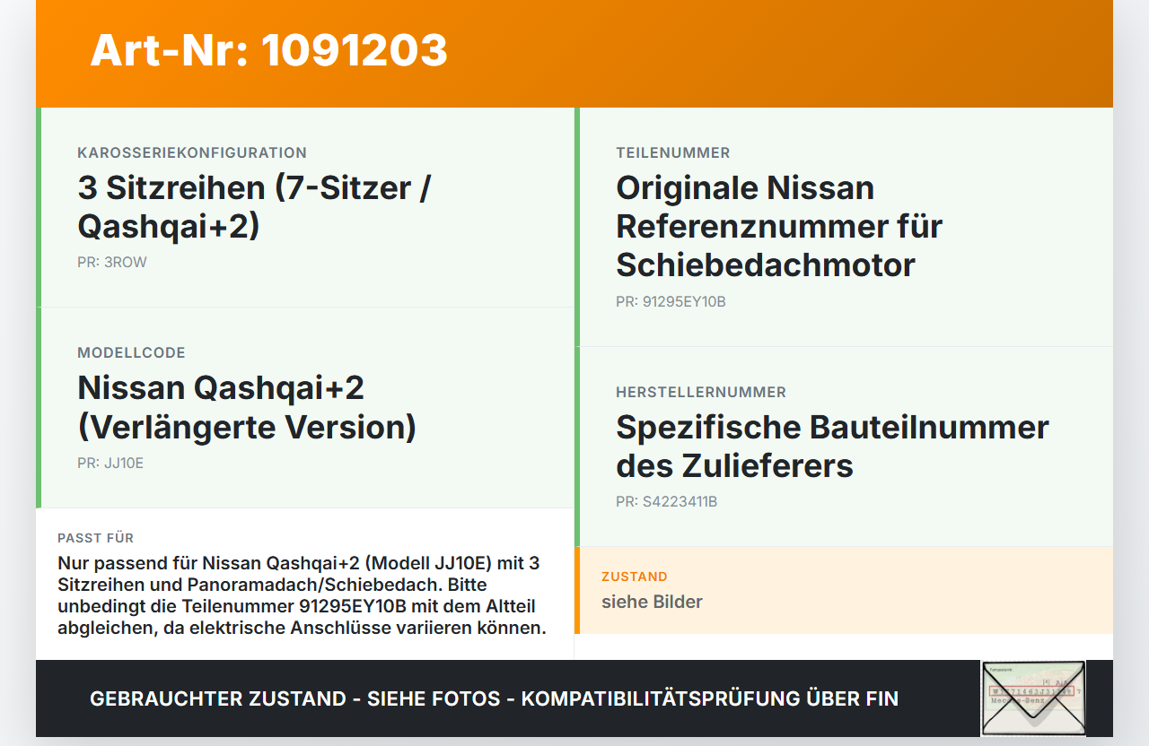 Nissan Qashqai +2 J10 10-13 Schiebedachmotor Nissan Qashqai +2 J10 10-13 15.01.2013 91295EY10B 4223411B gebraucht Vorschau 3
