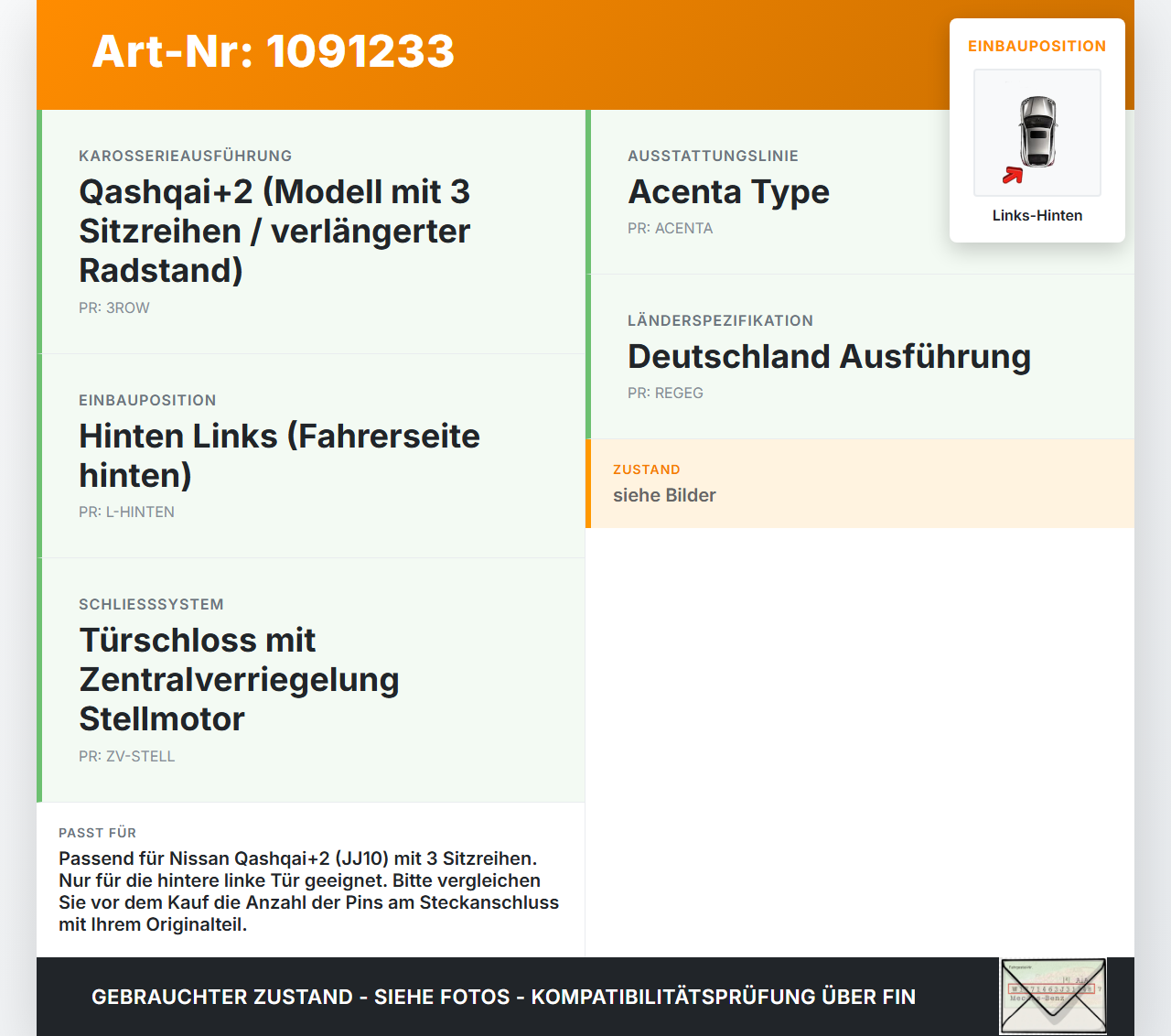 Nissan Qashqai +2 J10 10-13 Türschloss m. ZV Stellmotor Links Hinten Nissan Qashqai +2 J10 10-13 15.01.2013... Vorschau 3