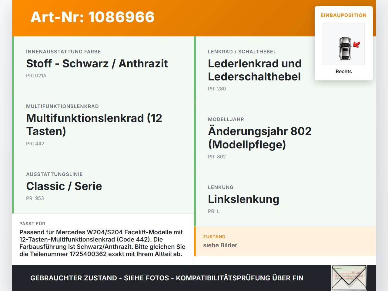 Mercedes S204 W204 11-15 Lenkradschalter Multifunktionstasten Schalter für Lenkrad Rechts Mercedes S204 W204 11-15... Vorschau 3