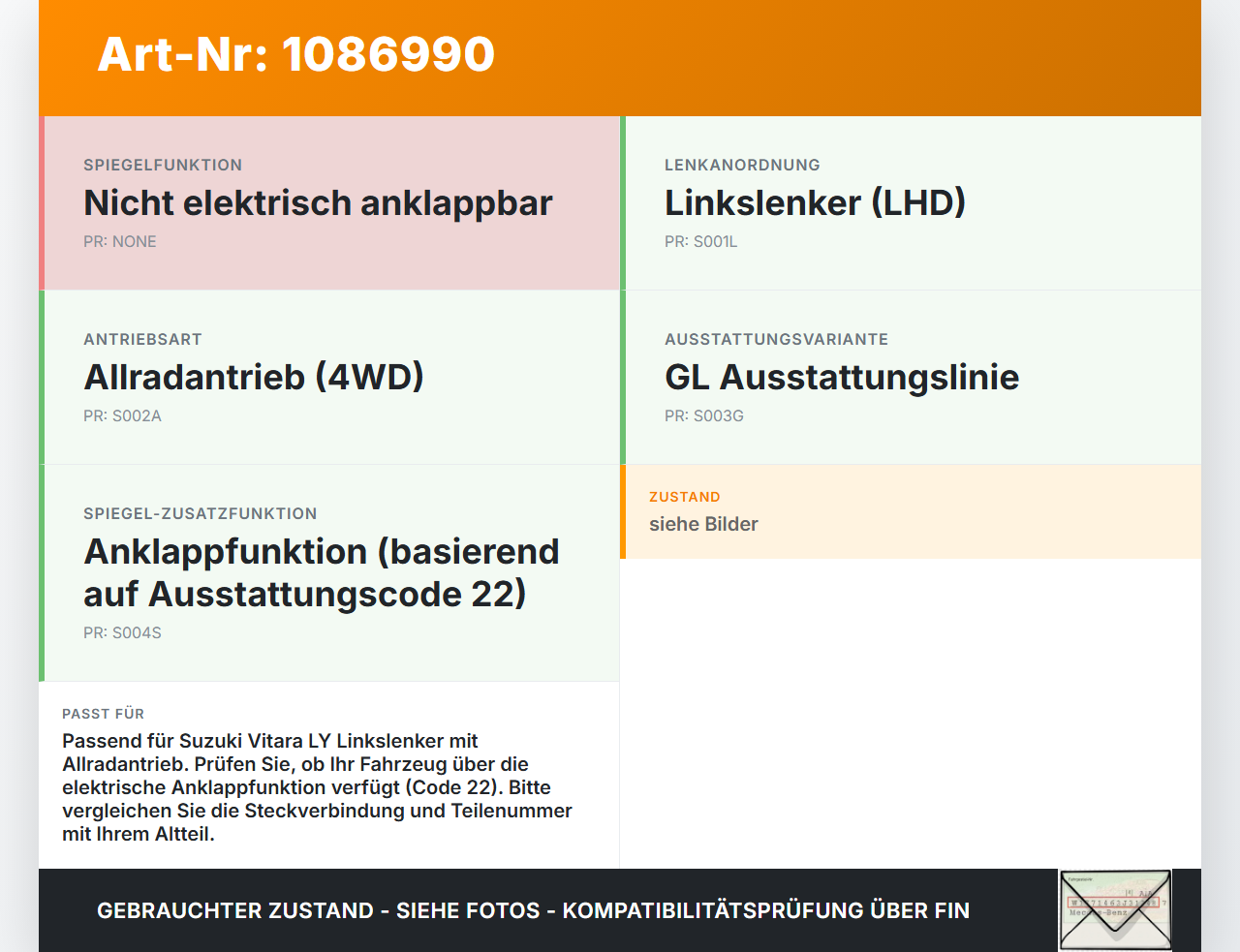 Suzuki Vitara LY 18-24 Spiegelverstellung Aussenspiegel Schalter Suzuki Vitara LY 18-24 18.07.2019 gebraucht Vorschau 3