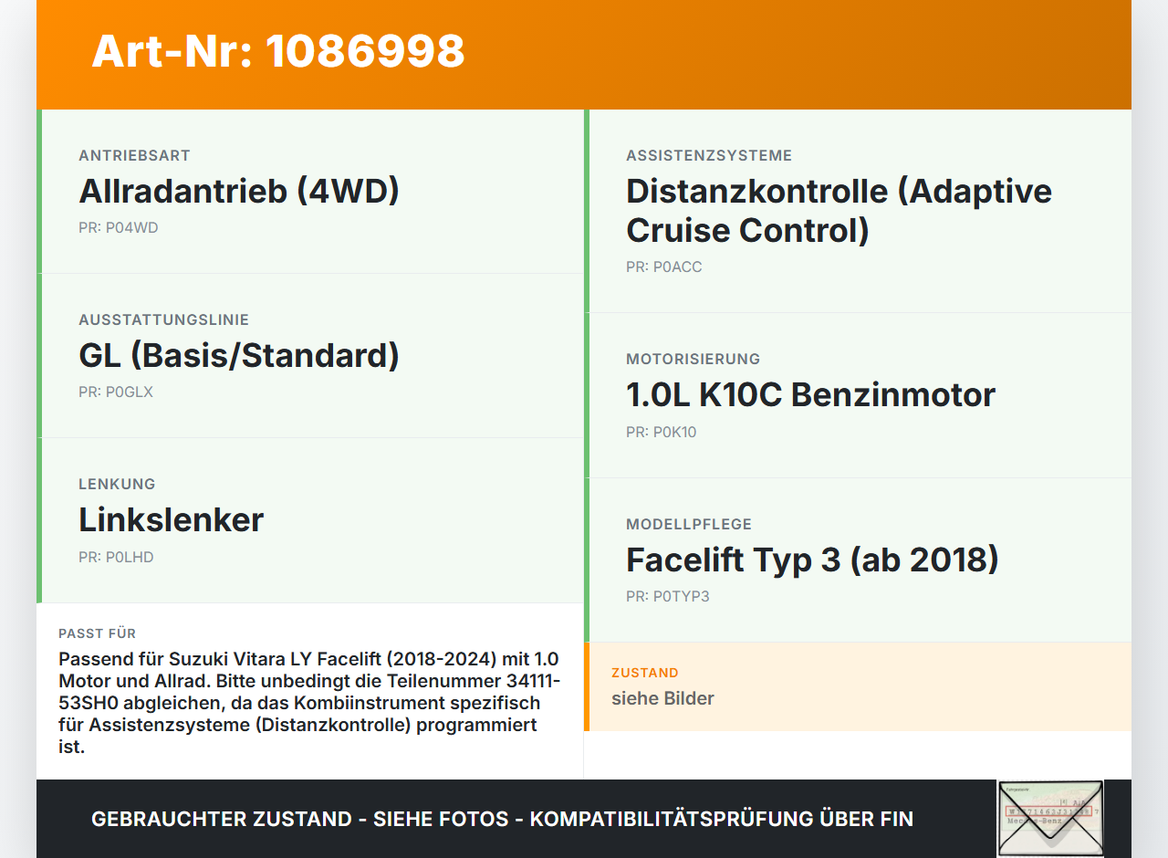 Suzuki Vitara LY 18-24 1,0 82KW Kombiinstrument Tacho Suzuki Vitara LY 18-24 18.07.2019 34111-53SH0 SZ1076-030 gebraucht Vorschau 3